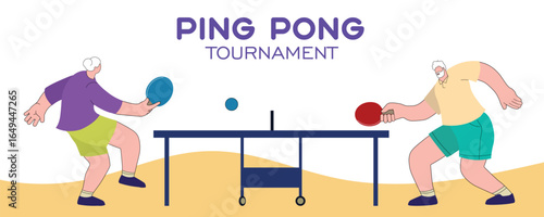 Elderly people playing table tennis, competition team sport, vector illustration concept of active old age, pensioners fitness. Man and woman with gray hair, grandma and grandpa doing sports