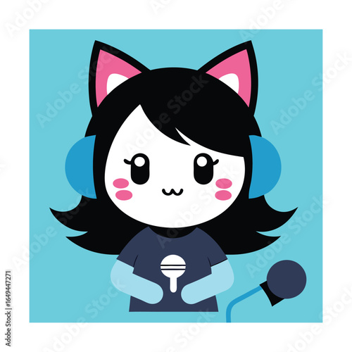 Cute Cat Girl Streaming Game with Microphone Cartoon