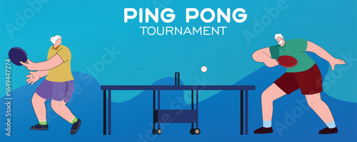 Seniors ping pong competition, table tennis tournament, racket sport, active lifestyle of retired people. Two gray haired people training, flat style banner, tennis club decor