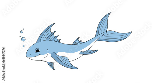 A captivating illustration of a charming light blue marine creature gracefully swimming through clear blue water emitting small bubbles