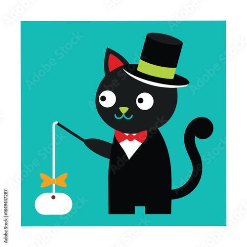 Cute Cat Magician Pulling Fish from Hat Vector