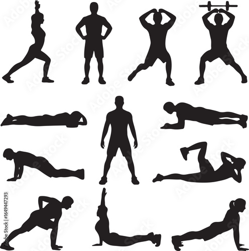 Diverse Silhouettes of People Performing Various Fitness Exercises workout