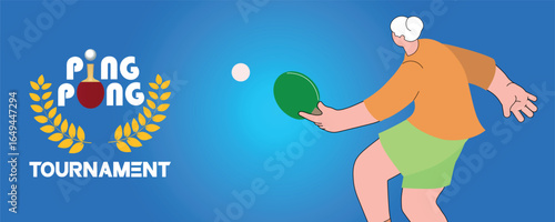 Elderly woman playing ping pong, active old age concept, healthy lifestyle, vector illustration poster of table tennis competition. Woman with gray hair playing team sport, fitness in retirement.