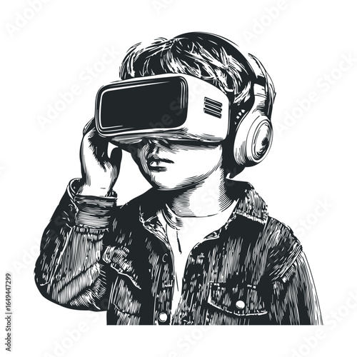 Young caucasian boy engaged with virtual reality headset and headphones