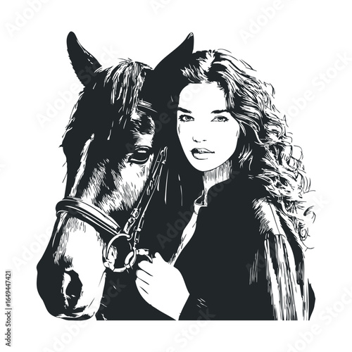 Young caucasian female with horse in black and white illustration
