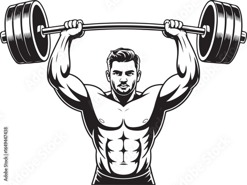 Muscular man lifting heavy barbell overhead in black and white weightlifting strength