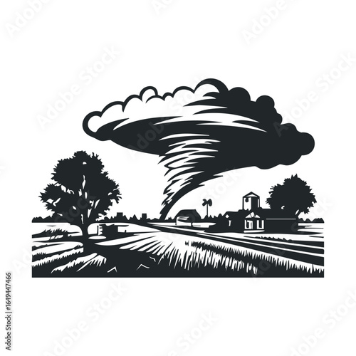 Dramatic tornado over rural landscape with trees and buildings in black and white