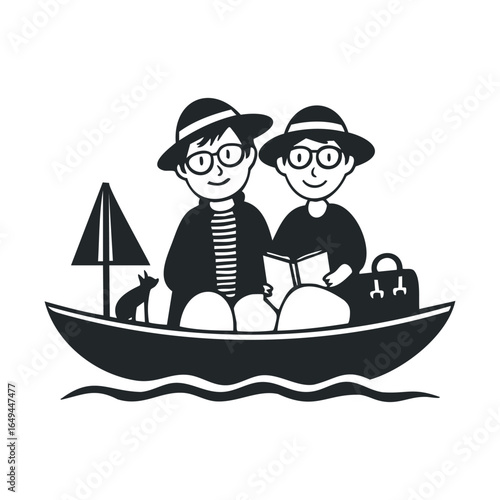 Cartoon adults in boat reading wearing hats with cat and travel bag