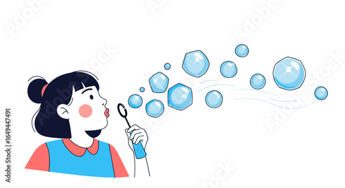 A young girl happily blows a stream of iridescent bubbles into the air creating a playful atmosphere for children's enjoyment