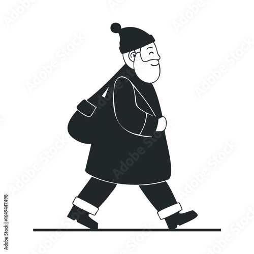 Cartoon caucasian elderly male in winter attire walking with a bag