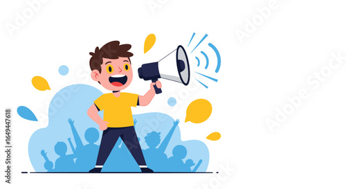 Excited boy shouting through a megaphone announcing important news to a cheering crowd illustration