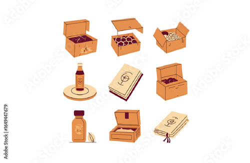 Discover charming, flat-style illustrations of curated gift boxes, premium bottles, and stylish notebooks, perfect for promotional materials and creative projects.