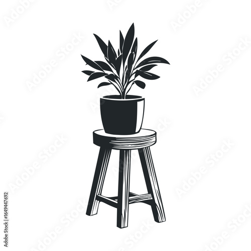 Monochrome illustration of potted plant on wooden stool