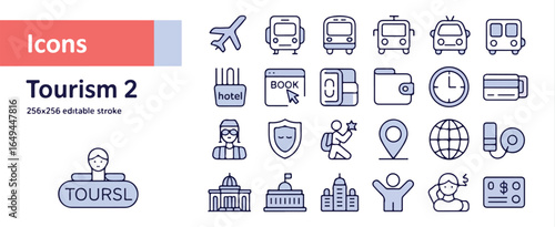 A set of tourism and travel icons in a minimalist blue and white design style .