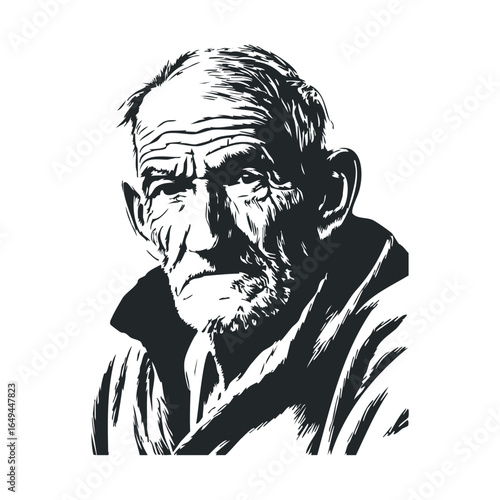 Black and white portrait of elderly caucasian male with pensive expression