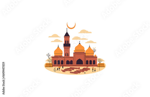 Stunning Islamic mosque with crescent moon and golden domes, evoking spiritual peace and architectural grandeur for cultural or religious themes.