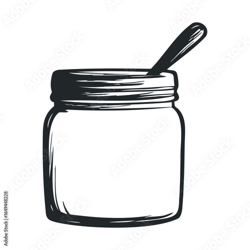 Hand-drawn jar with spoon: rustic kitchenware design in black and white