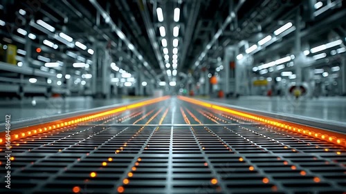 Futuristic Industrial Interior with Glowing Orange Lights and Metal Surfaces Creating High Tech Ambiance