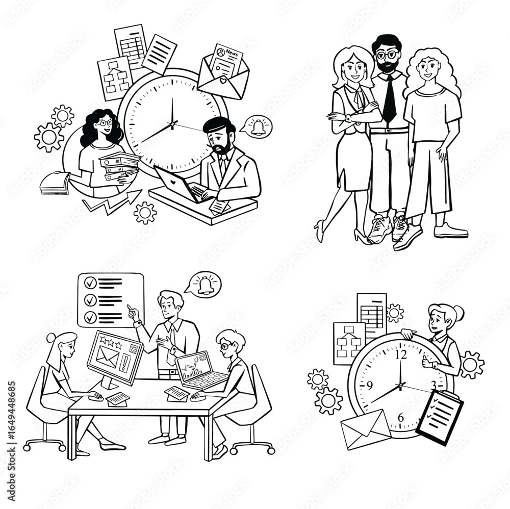 Fototapeta premium Set of illustrations of people in various activities related to business planning and strategy line