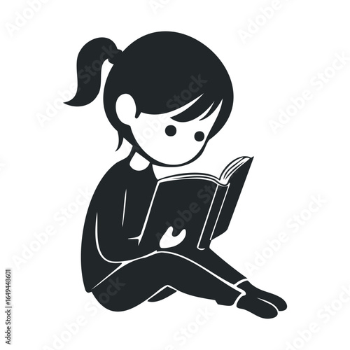 Cute asian female child reading book, black and white cartoon illustration