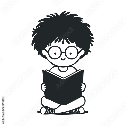 Cartoon character of young boy with glasses reading a book