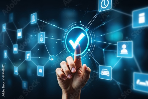 Finger touching check mark icon on digital interface for data validation system