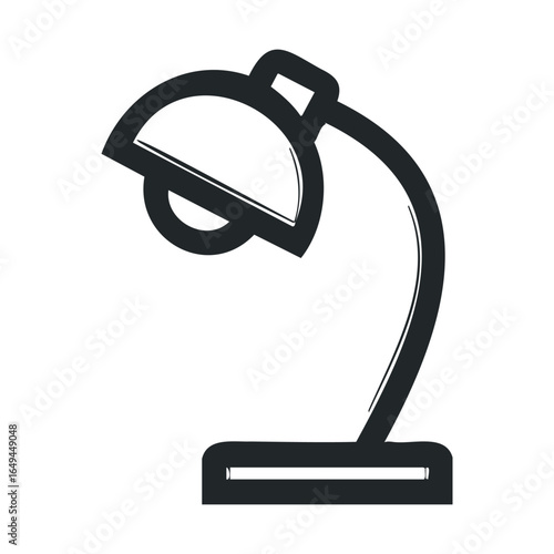 Black and white illustration of a desk lamp with a curved neck