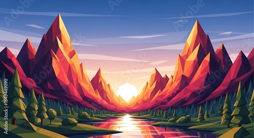 A stunning and vibrant vector illustration of a mountain valley captured at a breathtaking sunrise or sunset. 