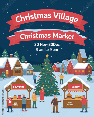 Christmas Market Magic: Vintage Christmas Tree–Adorned Fair Poster Featuring Joyful Holiday Festivities, Twinkling Lights, Festive Stalls, Yuletide Cheer, Retro Fair Card Evoking Seasonal Warmth