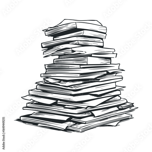 Tall stack of sketchy books in black and white line drawing