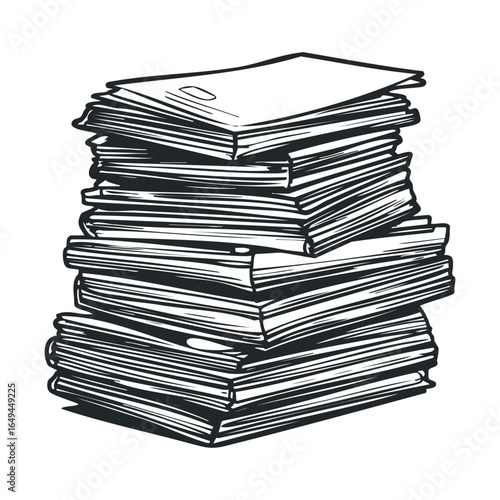 Stack of hand-drawn books in black and white illustration design