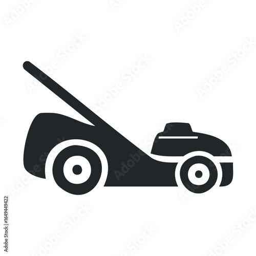 Black lawn mower icon design featuring simple modern silhouette with handle and wheels