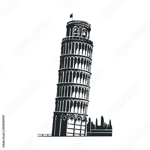 Iconic leaning tower of pisa in black and white illustration