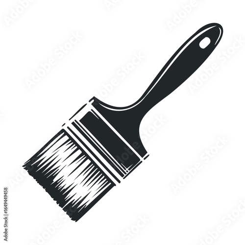 Monochromatic illustration of a wide bristle paintbrush with handle