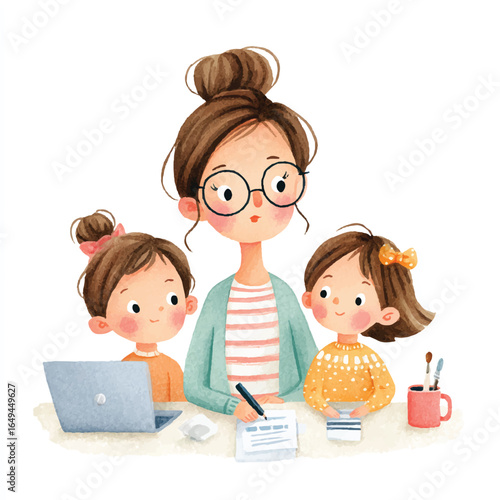 Watercolor Illustration of a Mother and Two Children Working Together