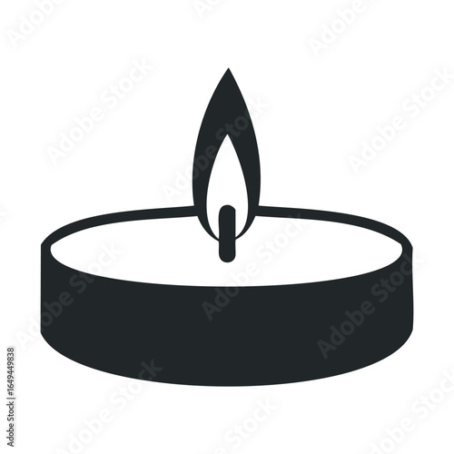 Minimalist black and white tealight candle icon with flame