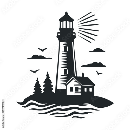 Silhouette of lighthouse with waves, birds, and trees