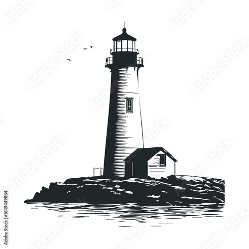 Monochrome coastal lighthouse on rocky shore with birds in sky