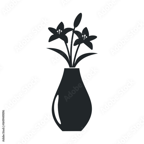 Silhouette of elegant floral vase with blooming lilies on white background