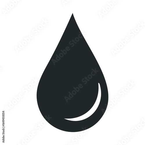 Minimalist black water droplet symbol on white background