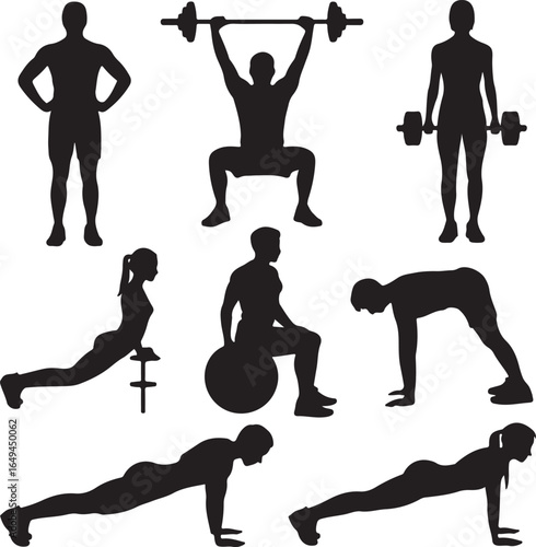 Fitness silhouettes of people performing various exercises on a white background workout weightlifting