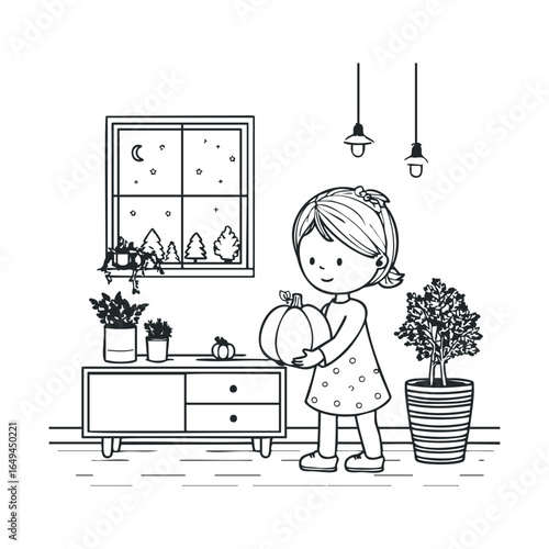 Young caucasian girl holding pumpkin in cozy indoor setting with plants and nighttime view