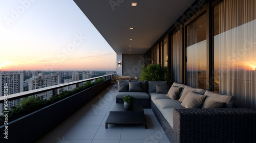 Luxury apartment balcony with cozy sofa.