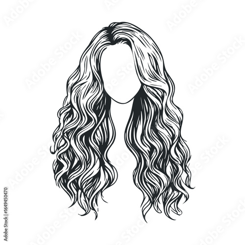 Illustration of female with long wavy hair in black and white