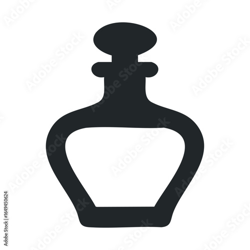Black silhouette of vintage perfume bottle with stopper on white background