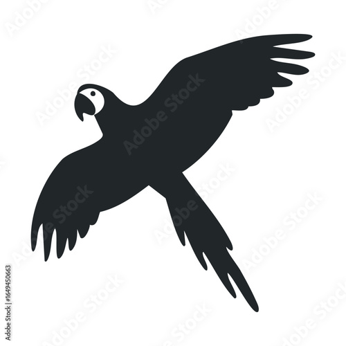 Silhouette of flying parrot: graceful bird with outstretched wings against white background