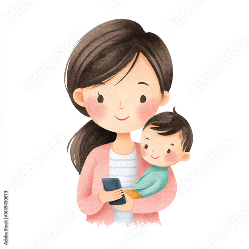 Watercolor Illustration of a Mother Holding Baby and Smartphone with Love