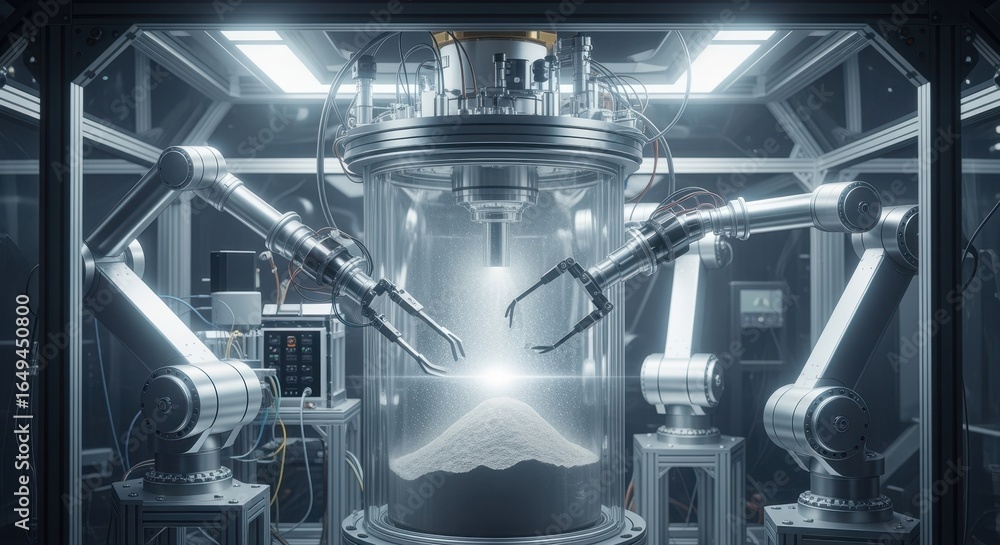Innovative robotic arms manipulating lunar regolith inside a reactor facilitating automated oxygen production experiments in zerogravity simulation chambers. Innovative robotic arms manipulating lunar regolith inside a reactor facilitating automated oxygen production experiments in zerogravity simulation chambers.