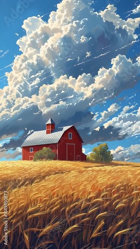 Red Barn Golden Wheat Field with Dramatic Sky and Fluffy Clouds Picturesque Rural Landscape Countryside for Agriculture
