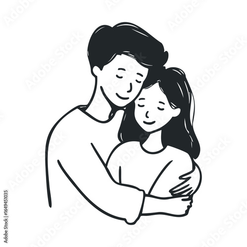 Cartoon drawing of smiling couple embracing lovingly in black and white style